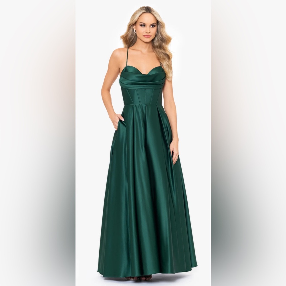 Green Satin Corset Tieback Prom Dress/Gown